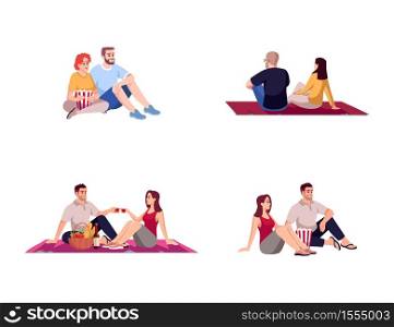 Movie date couples semi flat RGB color vector illustration set. Romantic pastime for woman and man. Film premier on weekend. Lovers isolated cartoon character on white background collection. Movie date couples semi flat RGB color vector illustration set
