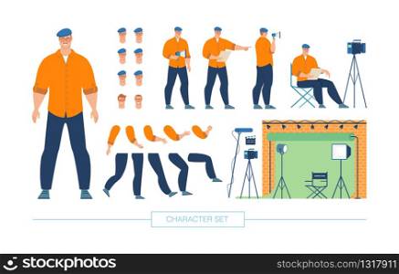 Movie Director, Screenwriter Character Constructor Trendy Flat Vector Isolated Design Elements Set. TV-Show Producer in Various Poses, Body Parts, Face Expressions, Filming Equipment Illustration