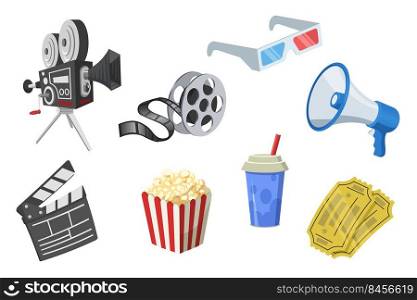 Movie elements set. Film strip; popcorn; camera; clapperboard; megaphone; 3d glasses; tickets isolated on white; For cinema theater; show industry; film production concept