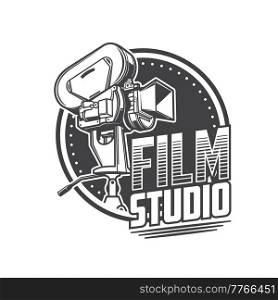 Movie film studio icon with retro camera or cinema movie video, vector sign. Cinematography and video production studio emblem with old classic reel movie camera or motion picture equipment. Movie film studio icon with retro cinema camera