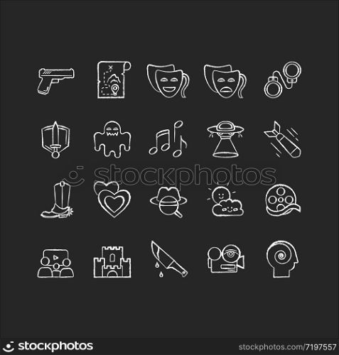 Movie genres chalk white icons set on black background. Cinematography, filmmaking industry, cinema business. Different common film and tv show styles. Isolated vector chalkboard illustrations