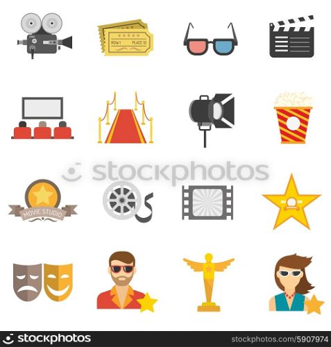Movie icons flat set with film camera 3d glasses and clapperboard isolated vector illustration. Movie Icons Flat