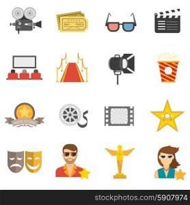 Movie icons flat set with film camera 3d glasses and clapperboard isolated vector illustration. Movie Icons Flat