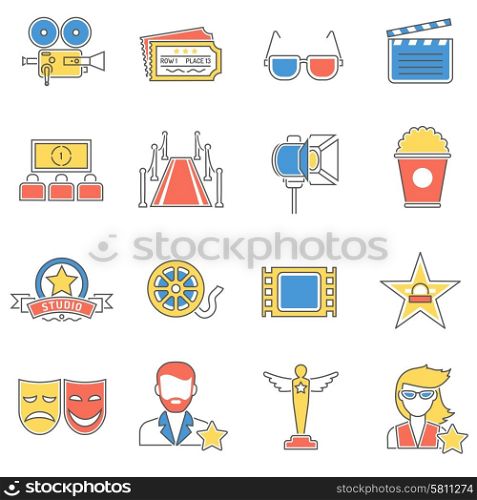 Movie icons line set with theater film reel screen isolated vector illustration. Movie Icons Line