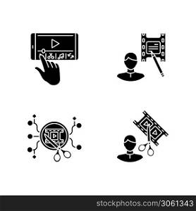 Movie making black glyph icons set on white space. Mobile phone editing. Film making on smartphone. Professional screenwriter. Editor specialist. Silhouette symbols. Vector isolated illustration. Movie making black glyph icons set on white space