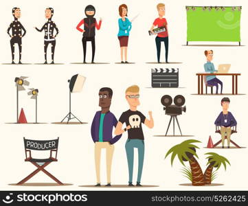 Movie Making Elements Set. Movie making set of flat doodle filmmaking shooting team characters pieces of theatrical scenery lighting equipment vector illustration