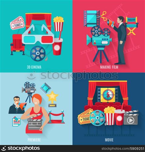 Movie Making Icons Set. Movie making and premiere icons set with 3d cinema film stars and director flat isolated vector illustration