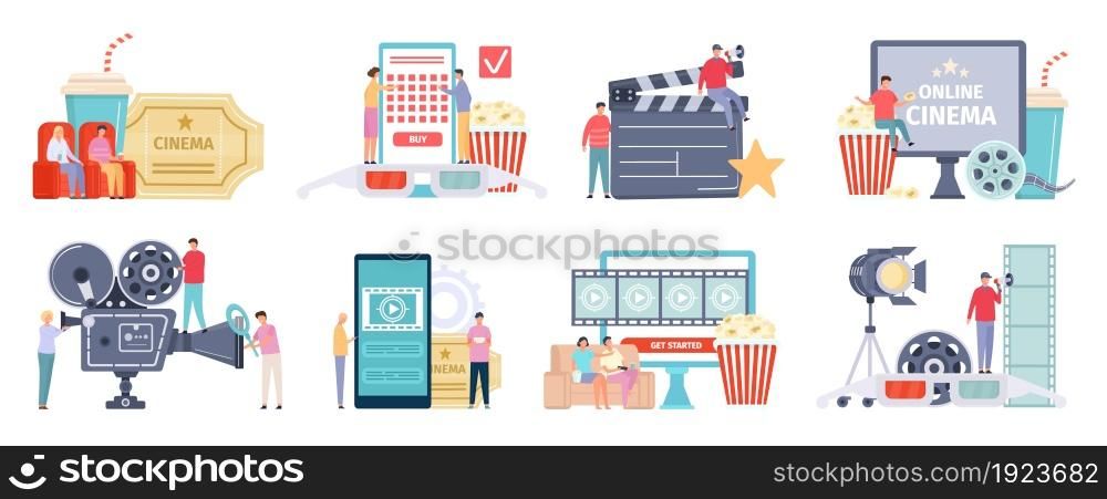 Movie making industry, film theatre or online cinema concepts. Cartoon people watching movies at phone or tv and buying tickets vector set. Shooting workers with equipment and visitors. Movie making industry, film theatre or online cinema concepts. Cartoon people watching movies at phone or tv and buying tickets vector set