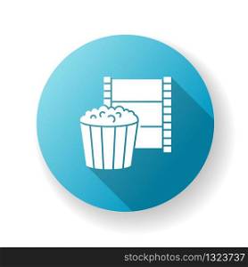 Movie night blue flat design long shadow glyph icon. Theater show evening. Watch film in cinema. Tape reel. Television and entertainment symbol. Snack for leisure. Silhouette RGB color illustration
