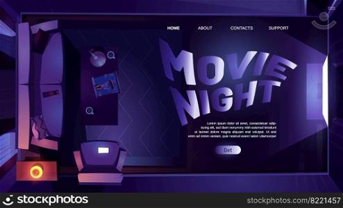 Movie night cartoon landing page, dark living room interior with tv and sofa top view at nighttime. Apartment with working television on wall, home entertainment, cinema amusement vector web banner. Movie night cartoon landing page, dark living room