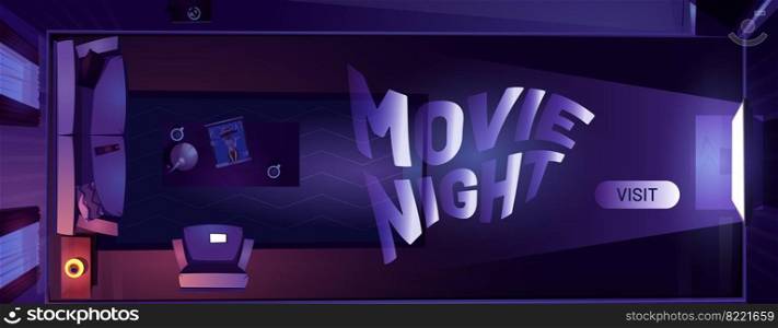 Movie night cartoon landing page, dark living room interior with tv and sofa top view at nighttime. Apartment with working television on wall, home entertainment, cinema amusement vector web banner. Movie night cartoon landing page, dark living room