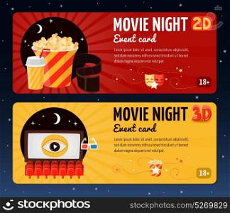 Movie Night Horizontal Banners. Movie horizontal banners presented cards for night cinema viewing event flat vector illustration