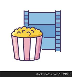 Movie night RGB color icon. Theater show evening. Watch film in cinema. Popcorn in box. Tape reel. Television and entertainment symbol. Snack for leisure. Isolated vector illustration