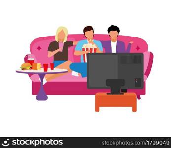 Movie night with friends flat concept vector illustration. Best friends watching TV and eating snacks isolated 2D cartoon character on white for web design. Bonding experience creative idea. Movie night with friends flat concept vector illustration