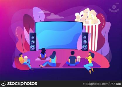 Movie night with friends. Watching film on big screen with sound system. Open air cinema, outdoor movie theater, backyard theater gear concept. Bright vibrant violet vector isolated illustration. Open air cinema concept vector illustration