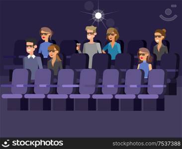 movie poster or banner template, popcorn, 3D glasses, concept banner. Cinema hall. Rest in the cinema. Cute vector character people. cinema movie poster template