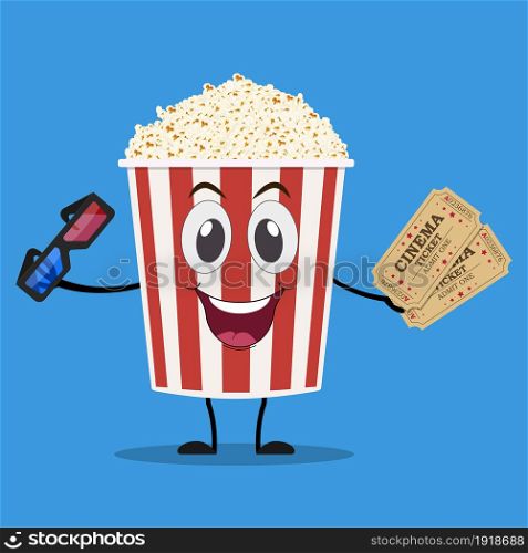 Movie poster template in cartoon style. Popcorn, 3d cinema glasses and tickets. Vector illustration in flat style. Movie poster template in cartoon style.