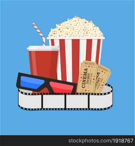 Movie poster template. Popcorn, soda takeaway, 3d cinema glasses and tickets. Cinema design. Vector illustration in flat style. Movie poster template.