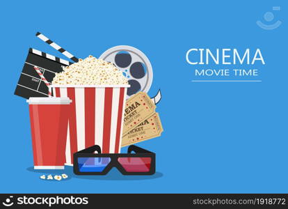 Movie poster template. Popcorn, soda takeaway, 3d cinema glasses, Film reel and tickets. Cinema design. Vector illustration in flat style. Movie poster template.