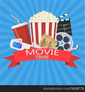 Movie poster template. Popcorn, soda takeaway, 3d cinema glasses, Film reel and tickets. Cinema design. Vector illustration in flat style. Movie poster template.