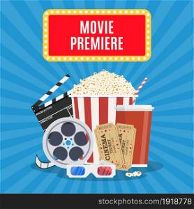 Movie poster template. Popcorn, soda takeaway, 3d cinema glasses, Film reel and tickets. Cinema design. Vector illustration in flat style. Movie poster template.