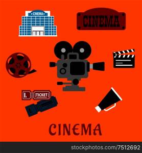 Movie production and cinema flat icons with film reel, clapboard, retro signboard and modern cinema building, tickets, megaphone and movie camera. Movie production and cinema flat icons