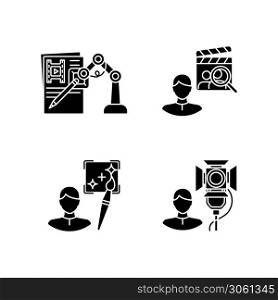 Movie production black glyph icons set on white space. AI written screenplay. Casting director hire actors. Creative art producer. Lighting technician. Silhouette symbols. Vector isolated illustration. Movie production black glyph icons set on white space
