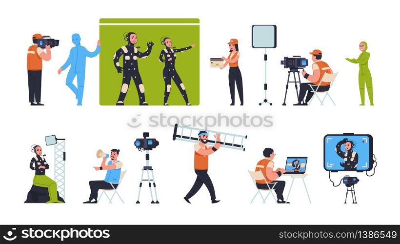 Movie production. Film making scenes with actors director and camera man, film crew shooting on green screen and on location. Vector illustration set location cinema productions makers. Movie production. Film making scenes with actors director and camera man, film crew shooting on green screen and on location. Vector set