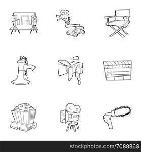 Movie production icons set. Outline set of 9 movie production vector icons for web isolated on white background. Movie production icons set, outline style