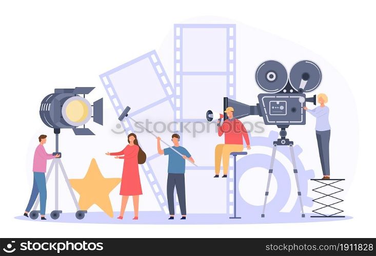 Movie production team shooting film actor on camera. Flat cinema director and crew record video scene. Movie making industry vector concept. Professional staff with equipment, backstage. Movie production team shooting film actor on camera. Flat cinema director and crew record video scene. Movie making industry vector concept