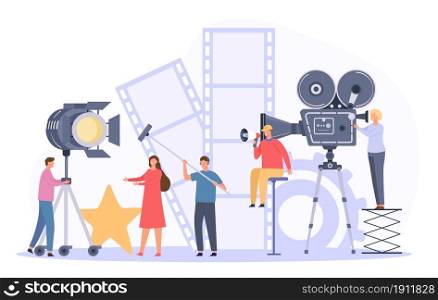 Movie production team shooting film actor on camera. Flat cinema director and crew record video scene. Movie making industry vector concept. Professional staff with equipment, backstage. Movie production team shooting film actor on camera. Flat cinema director and crew record video scene. Movie making industry vector concept