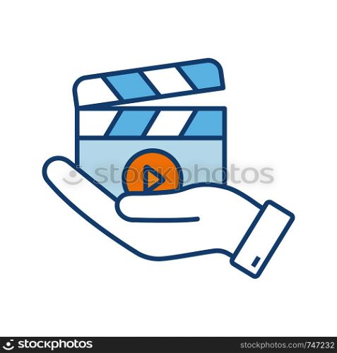 Movie release color icon. Video production. Cinematography. Hand holding clapperboard. Film director. Isolated vector illustration. Movie release color icon