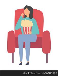 Movie seat and woman with fast food popcorn, female in cinema flat style design. Vector lady sitting on red armchair with popcorn isolated cartoon character. Movie Seat and Woman with Fast Food Popcorn Female
