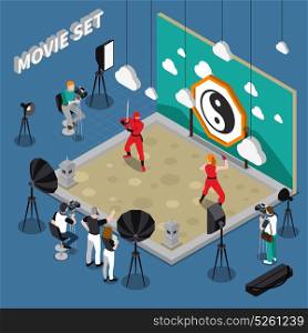 Movie Set Isometric Illustration. Movie set with actors director and cameramen decorations and equipment on blue background isometric vector illustration
