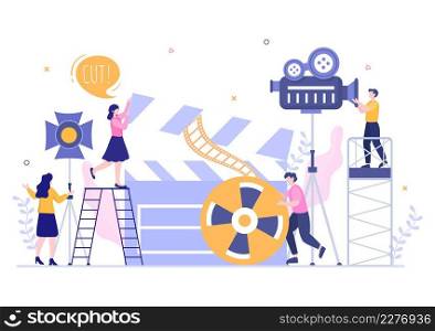 Movie Studio with Camera Crew Team People, Directur, lights, Microphone on Scene Shooting Location for Making Film in Flat Design Background Illustration