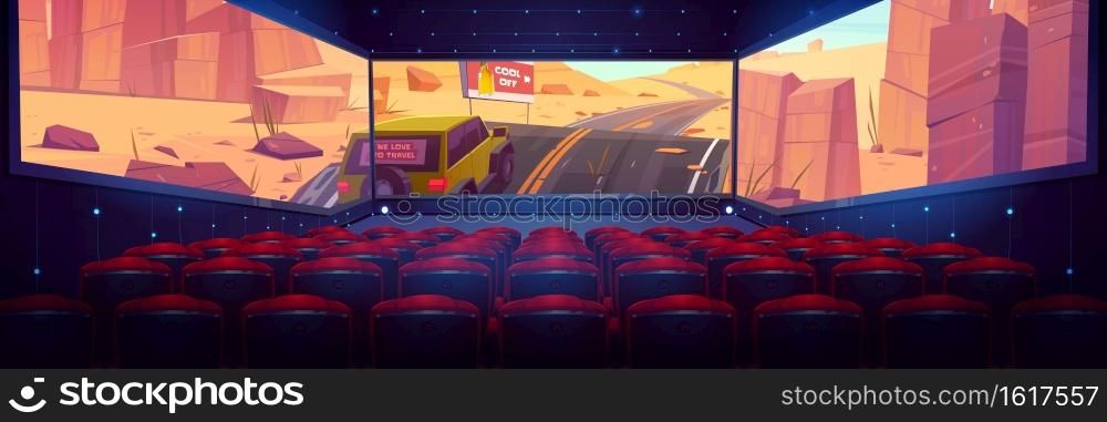 Movie theater, cinema hall with three-sided panoramic screen and rows of red seats. Vector cartoon interior of dark cinema auditorium, chair backs and 3d video with car on desert road on screen. Movie theater with three-sided panoramic screen