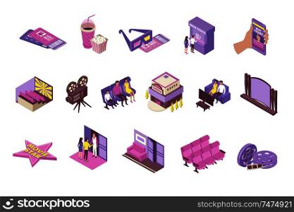 Movie theater home cinema picture house isometric icons set with buying tickets online bobbin popcorn isolated vector illustration