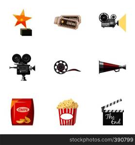 Movie theater icons set. Cartoon illustration of 9 movie theater vector icons for web. Movie theater icons set, cartoon style