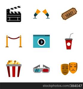 Movie theater icons set. Flat illustration of 9 movie theater vector icons for web. Movie theater icons set, flat style