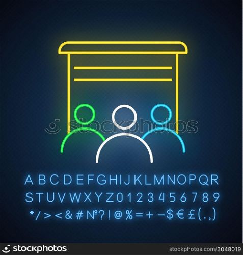Movie theater neon light icon. Screening room. Cinema hall. Entertainment zone for comunity. People in front of screen. Glowing sign with alphabet, numbers and symbols. Vector isolated illustration