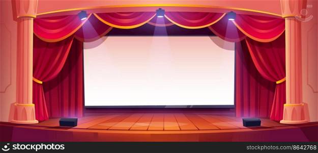 Movie theater stage, cinema, theatre scene with screen, red curtains, roman columns and spotlights. Empty concert hall interior with blank screen and light illumination, Cartoon vector illustration. Movie theater stage, cinema, empty theatre scene