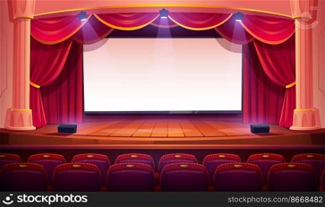 Movie theater with white screen, wooden stage, red curtains, spotlights, columns and auditorium chairs. Empty theatre interior with blank cinema screen, seats, vector cartoon illustration. Movie theater with white screen, curtains, seats