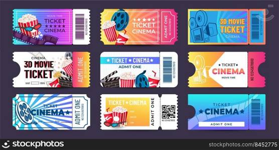 Movie tickets. Cinema event coupon with cartoon icons, retro entry admission ticket mockup design. Vector film festival invite banner collection of movie coupon and ticket film illustration. Movie tickets. Cinema event coupon with cartoon icons, retro entry admission ticket mockup design. Vector film festival invite banner collection