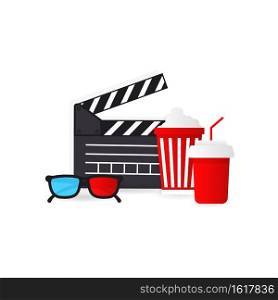 Movie time illustration. Popcorn bucket, glass of drink, tickets, 3D glasses. Cinema snack. Fast food. Vector EPS 10. Isolated on white background.. Movie time illustration. Popcorn bucket, glass of drink, tickets, 3D glasses. Cinema snack. Fast food. Vector EPS 10. Isolated on white background