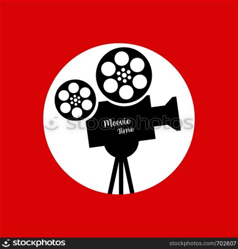 Movie Time. Retro black film projector in red circle flat design. Eps10. Movie Time. Retro black film projector in red circle flat design