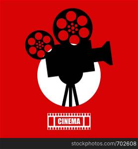 Movie Time. Retro black film projector in red circle flat design. Eps10. Movie Time. Retro black film projector in red circle flat design