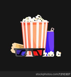 Movie time vector isolated popcorn, 3d glasses, soda and ticket background illustration, leisure waching film concept.