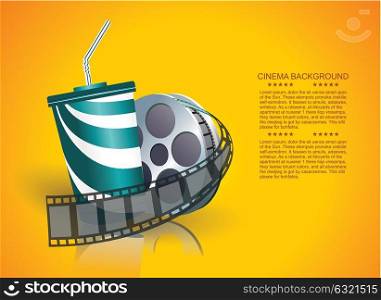 Movie time vector poster design template. Filmstrip and disposable cup.Cinema Concept Design. Detailed vector illustration.