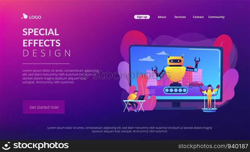 Movie VFX creation software. Real time motion capture program. Special effects design, visual effects production, post production service concept. Website homepage landing web page template.. Special effects design concept landing page