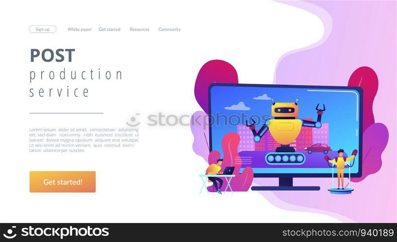 Movie VFX creation software. Real time motion capture program. Special effects design, visual effects production, post production service concept. Website homepage landing web page template.. Special effects design concept landing page